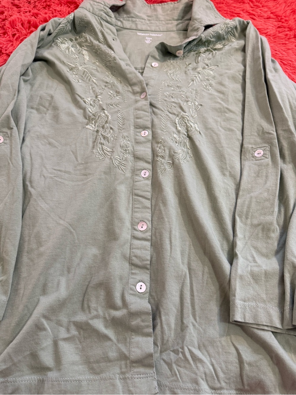Woman Within Sage Green Embroidered Button-Down Shirt